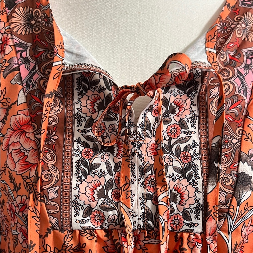 Boho Floral Print Lantern Sleeve Tie Front Blouse - Picture 7 of 11